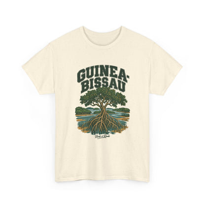 Front view of a Natural Gildan 5000 T-shirt with dark-green two-line GUINEA-BISSAU lettering, a mangrove tree, exposed roots and tidal water, and Roots & Roads script.