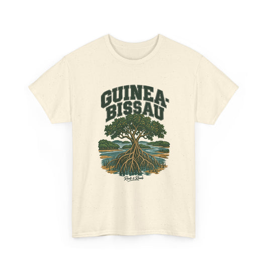 Front view of a Natural Gildan 5000 T-shirt with dark-green two-line GUINEA-BISSAU lettering, a mangrove tree, exposed roots and tidal water, and Roots & Roads script.