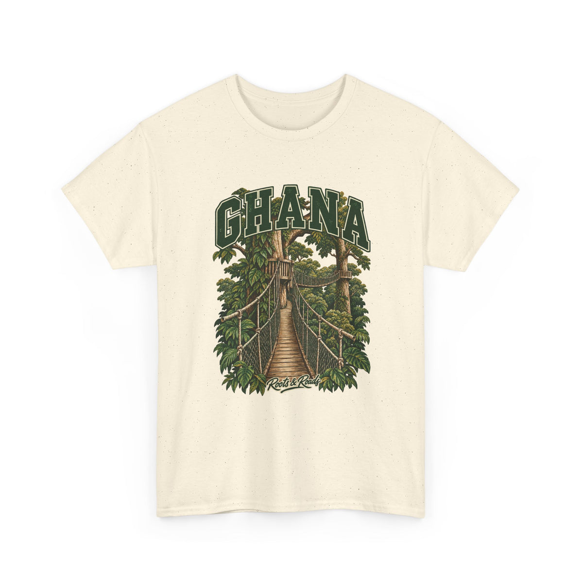 Front view of a Natural Gildan 5000 T-shirt with green GHANA lettering above suspended canopy walkway, tall rainforest trees, bridge rails, layered foliage, finished with Roots & Roads script.