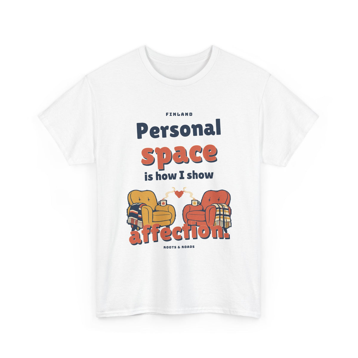 Finland Personal Space T-Shirt in White — front rounded retro lettering with two cozy armchairs and a heart between them.