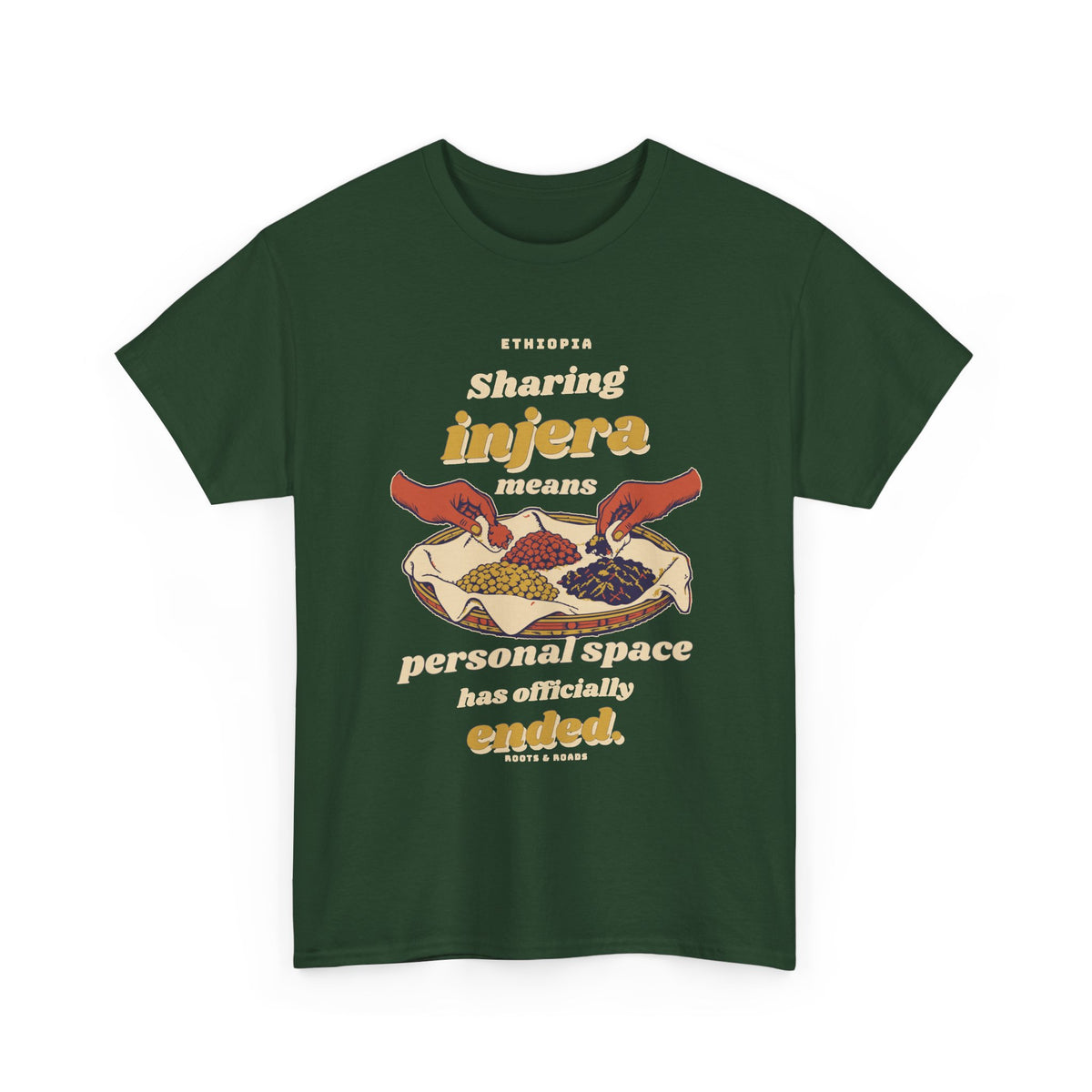 Forest Green Ethiopia Personal Space T-Shirt with vintage injera illustration, front view.