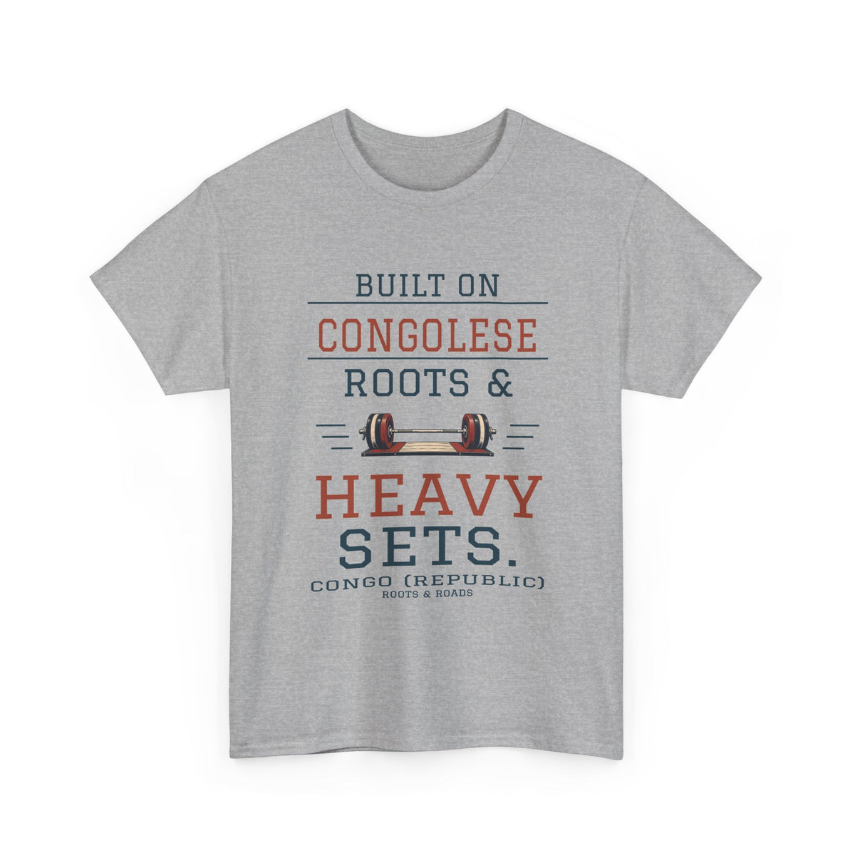 Congo (Republic) Heavy Sets Gym T-Shirt – Sport Grey front view. Built on Congolese roots & heavy sets. Roots & Roads.