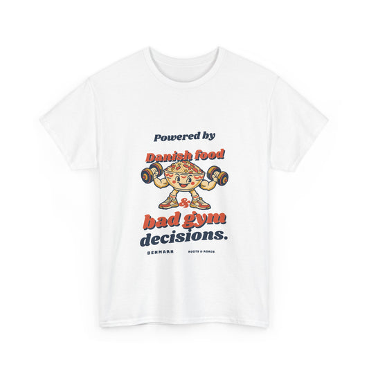 White Denmark Bad Gym Decisions T-Shirt with rounded vintage lettering and a food-bowl weightlifter