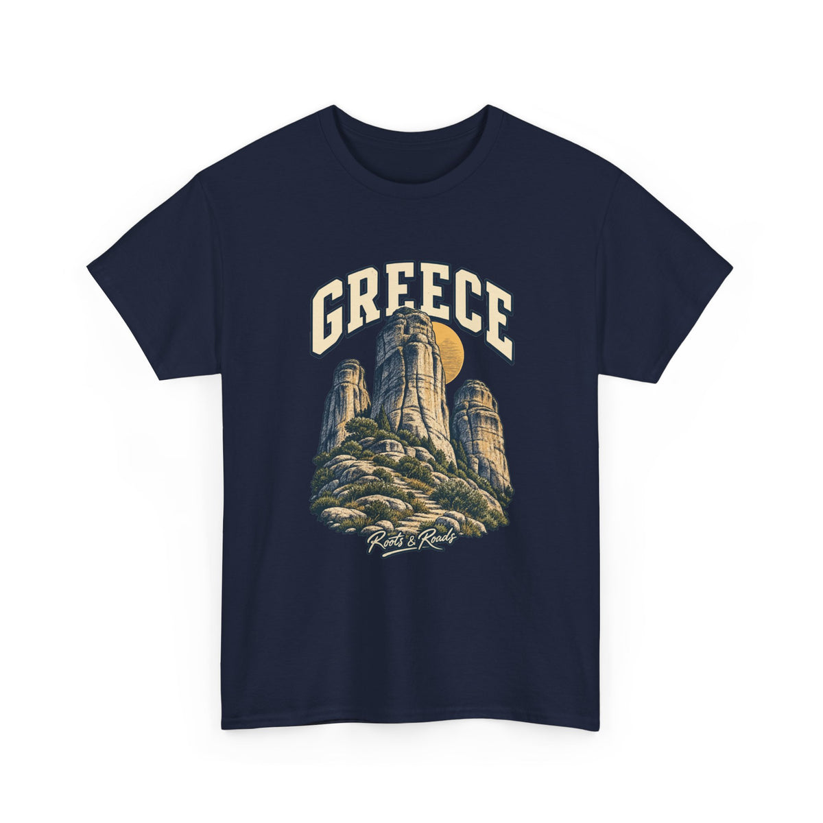 Front view of a Navy Gildan 5000 T-shirt with cream GREECE lettering above rounded sandstone towers, ochre disc, rocky foreground, low shrubs, finished with Roots & Roads script.