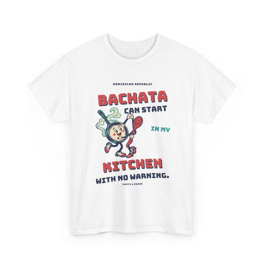 Dominican Republic Kitchen Bachata T-Shirt in White, front view with vintage lettering and a dancing pan-and-spoon illustration.
