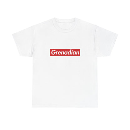 White T-shirt with a red rectangular Grenadian wordmark in white italic lettering