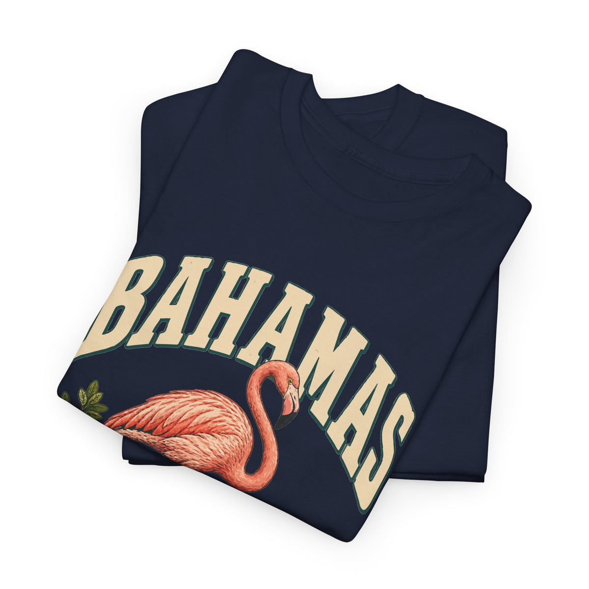 Folded Navy Bahamas Fresh Prints T-shirt showing the collegiate country lettering and vintage country illustration.
