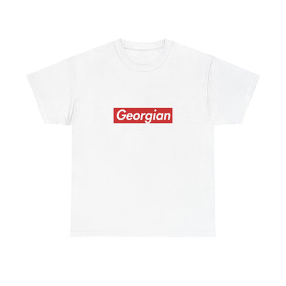White T-shirt with a red rectangular Georgian wordmark in white italic lettering