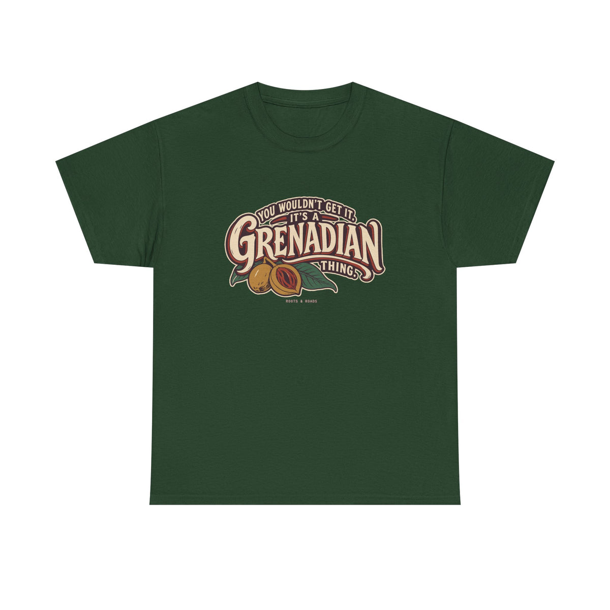 Forest Green Grenada Grenadian Thing T-Shirt, flat front view, with sweeping vintage Grenadian lettering, nutmeg, red mace and leaves
