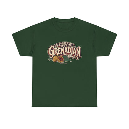 Forest Green Grenada Grenadian Thing T-Shirt, flat front view, with sweeping vintage Grenadian lettering, nutmeg, red mace and leaves