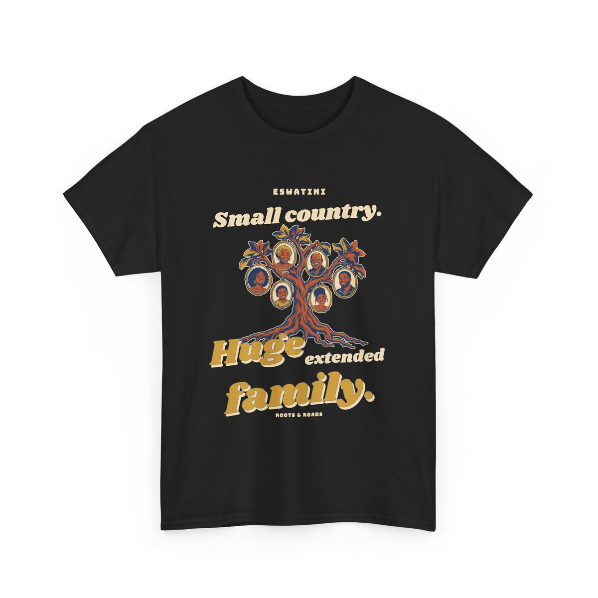 Black Eswatini Extended Family T-Shirt with a branching family tree, portraits and bold vintage lettering, front view.