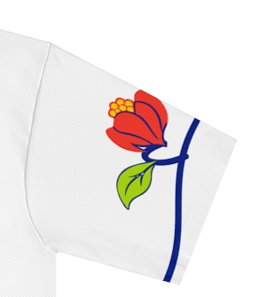 Actual supplier mockup detail of the Swahili T-shirt’s botanical artwork.