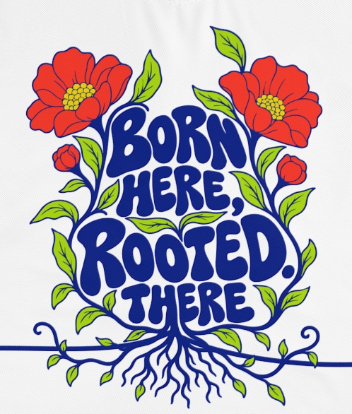 Actual supplier mockup detail of the “Born here, rooted. there” T-shirt’s botanical artwork.