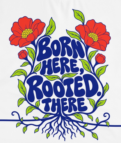 Actual supplier mockup detail of the “Born here, rooted. there” T-shirt’s botanical artwork.