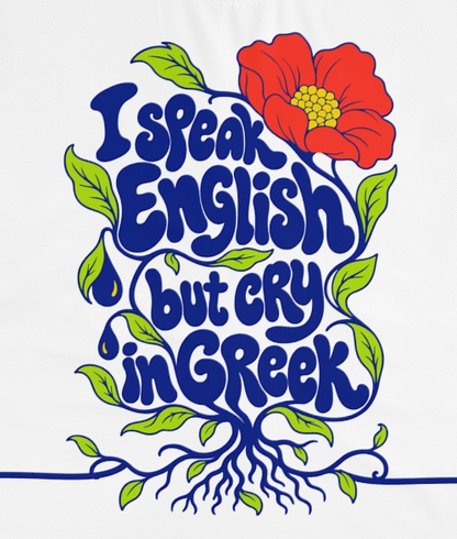 Actual supplier mockup detail of the Greek T-shirt’s botanical artwork.