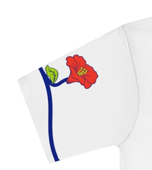 Actual supplier mockup detail of the Roots & Roads “I speak English but my grandma speaks louder” T-shirt’s botanical artwork.