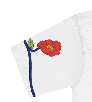 Actual supplier mockup detail of the Roots & Roads “I speak English but my heart is French” T-shirt’s botanical artwork.