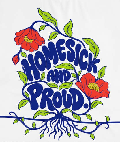 Actual supplier mockup detail of the Roots & Roads “Homesick and proud.” T-shirt’s botanical artwork.