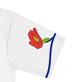 Actual supplier mockup detail of the Roots & Roads “I speak English but I love K~dramas” T-shirt’s botanical artwork.