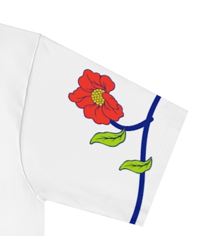 Actual supplier front-view detail of the wearer’s left sleeve on the Roots & Roads “Hearing your mother tongue in a crowded street.” T-shirt.
