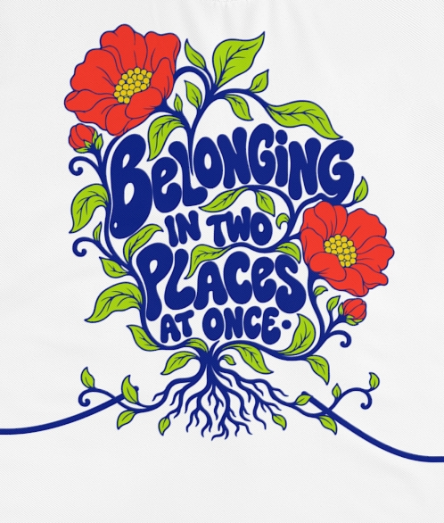 Actual supplier mockup detail of the Roots & Roads “Belonging in two places at once·” T-shirt’s botanical artwork.