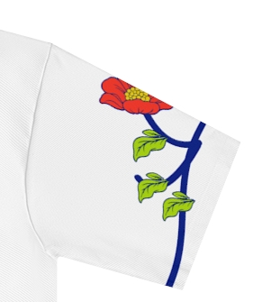 Actual supplier mockup detail of the Roots & Roads “Building roots without cutting old ones” T-shirt’s botanical artwork.