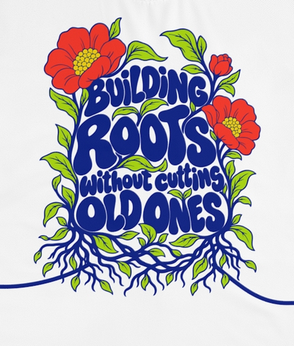 Actual supplier mockup detail of the Roots & Roads “Building roots without cutting old ones” T-shirt’s botanical artwork.