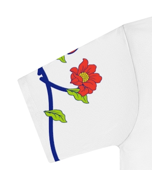 Actual supplier mockup detail of the Roots & Roads “Love speaks every language” T-shirt’s botanical artwork.