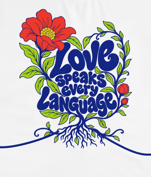 Actual supplier mockup detail of the Roots & Roads “Love speaks every language” T-shirt’s botanical artwork.