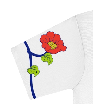 Actual supplier mockup detail of the Roots & Roads “Too foreign for here, too local for there” T-shirt’s botanical artwork.