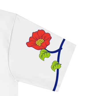 Actual supplier mockup detail of the Roots & Roads “Too foreign for here, too local for there” T-shirt’s botanical artwork.