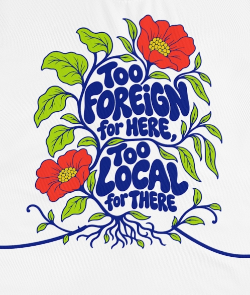 Actual supplier mockup detail of the Roots & Roads “Too foreign for here, too local for there” T-shirt’s botanical artwork.