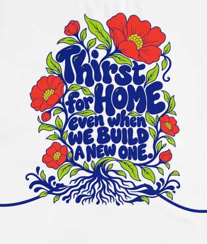 Actual supplier mockup detail of the Roots & Roads “Thirst for home even when we build a new one.” T-shirt’s botanical artwork.