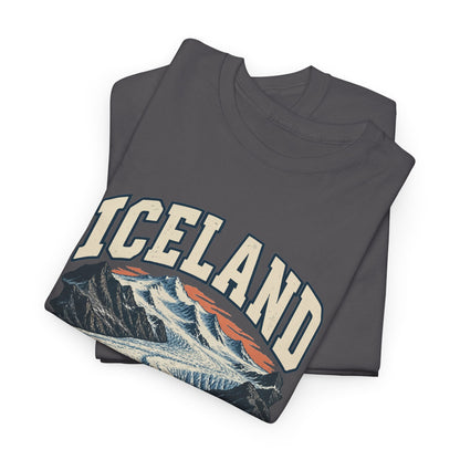 Folded Charcoal Iceland Fresh Prints T-shirt showing cream country lettering and part of the illustration.