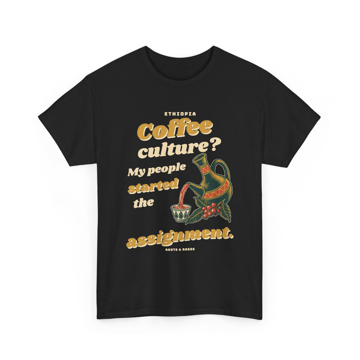 Black Ethiopia Coffee Culture T-Shirt with expressive vintage lettering, a pouring jebena and coffee branch, front view.
