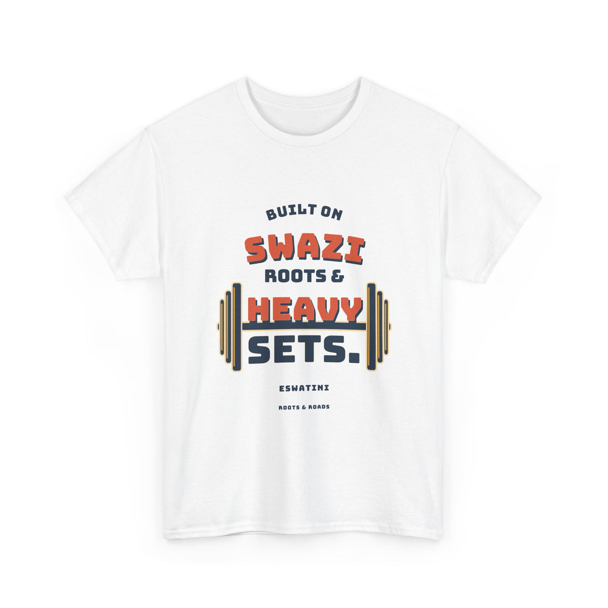 White Eswatini Heavy Sets Gym T-Shirt with vintage Swazi roots lettering and integrated weight plates, front view.