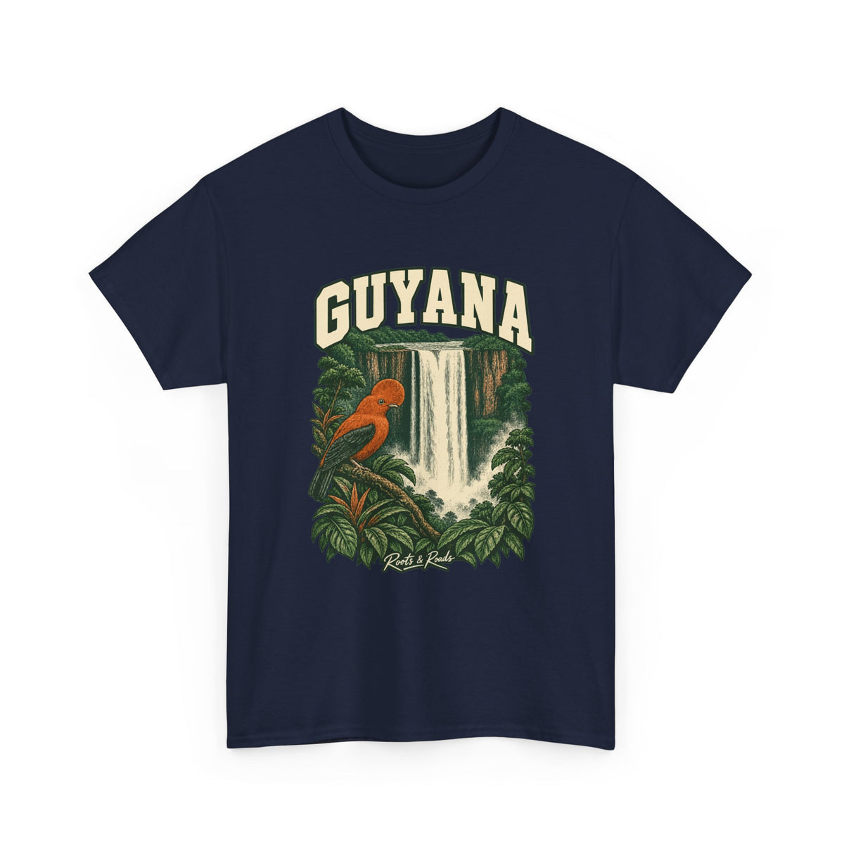 Front view of a Navy Gildan 5000 T-shirt with cream GUYANA lettering, an orange bird, a broad waterfall and rainforest leaves, and Roots & Roads script.