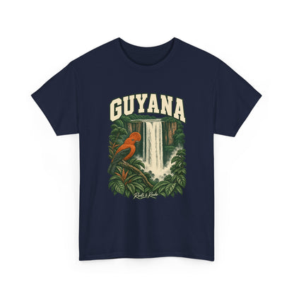 Front view of a Navy Gildan 5000 T-shirt with cream GUYANA lettering, an orange bird, a broad waterfall and rainforest leaves, and Roots & Roads script.