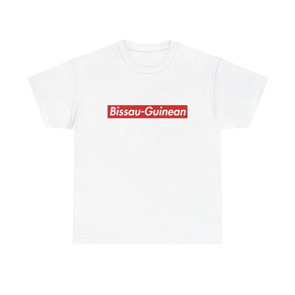 White T-shirt with a red rectangular Bissau-Guinean wordmark in white italic lettering