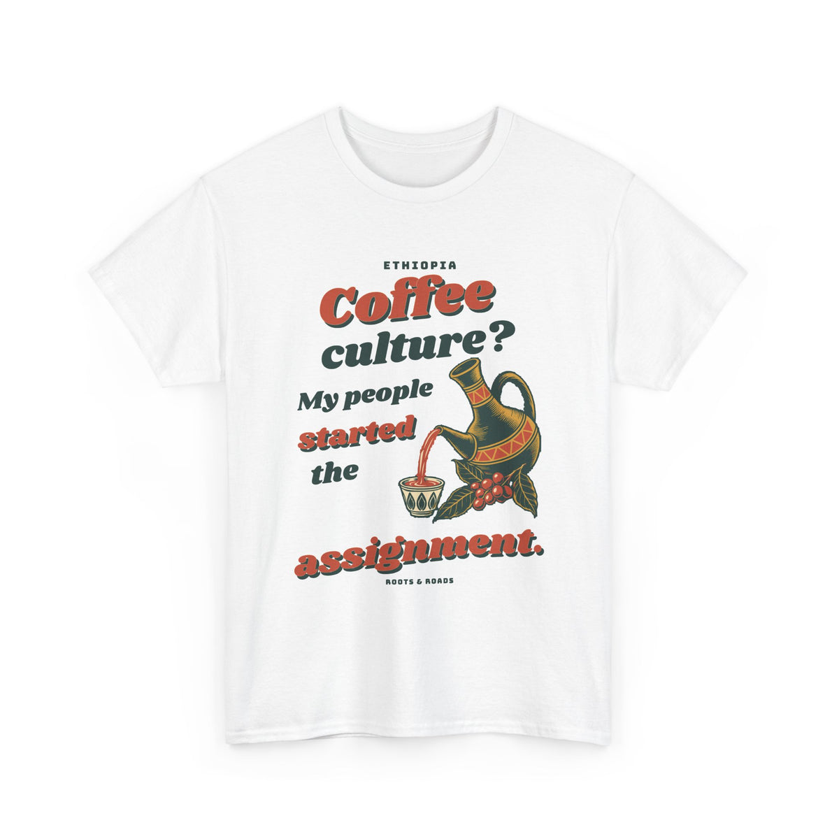 White Ethiopia Coffee Culture T-Shirt with expressive vintage lettering, a pouring jebena and coffee branch, front view.