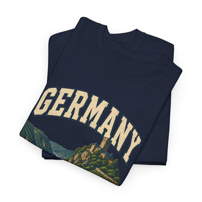 Folded Navy Germany Fresh Prints T-shirt showing cream country lettering and the upper part of its country illustration.