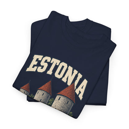 Folded Navy Estonia Fresh Prints T-shirt showing cream ESTONIA lettering and the upper part of its country illustration.