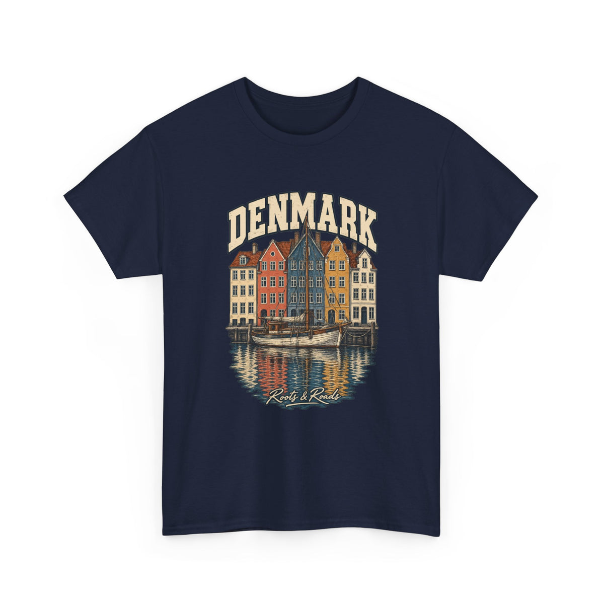 Front view of a Navy Gildan 5000 T-shirt with cream DENMARK lettering, colourful harbour houses, a sailing vessel, reflections and Roots & Roads script.