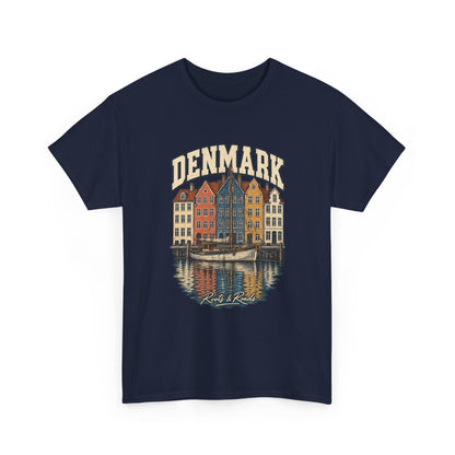 Front view of a Navy Gildan 5000 T-shirt with cream DENMARK lettering, colourful harbour houses, a sailing vessel, reflections and Roots & Roads script.