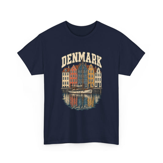 Front view of a Navy Gildan 5000 T-shirt with cream DENMARK lettering, colourful harbour houses, a sailing vessel, reflections and Roots & Roads script.