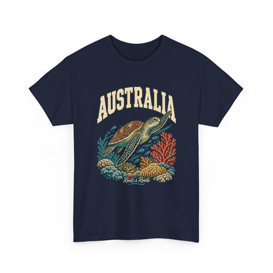 Front view of a Navy Gildan 5000 T-shirt with cream AUSTRALIA lettering, a sea turtle, coral and reef fish, and Roots & Roads script.