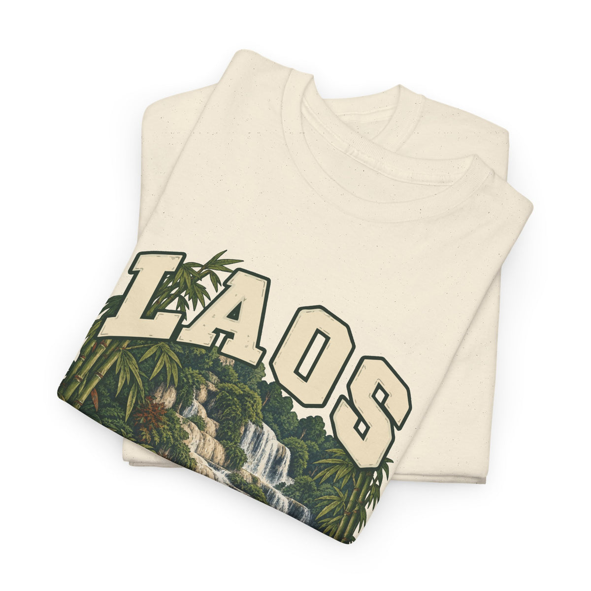 Folded Natural Laos Fresh Prints T-shirt showing the country lettering and part of the illustration.