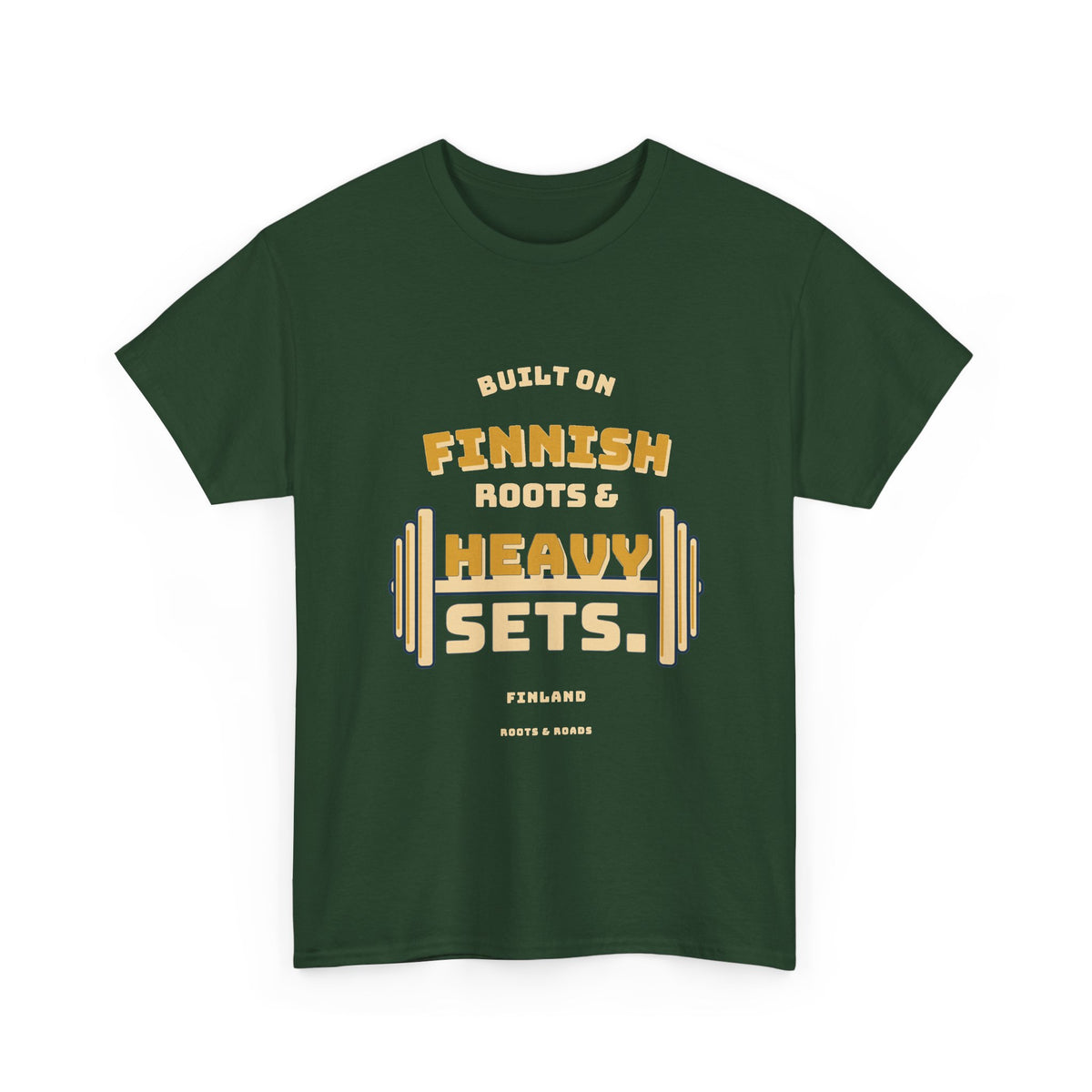 Finland Heavy Sets Gym T-Shirt in Forest Green — front vintage Finnish strength lettering with integrated weight plates.