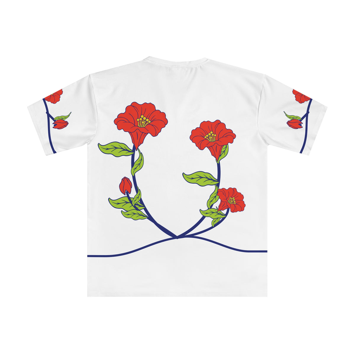 Back of the Italian T-shirt with coral flowers, lime leaves and flowing cobalt stems