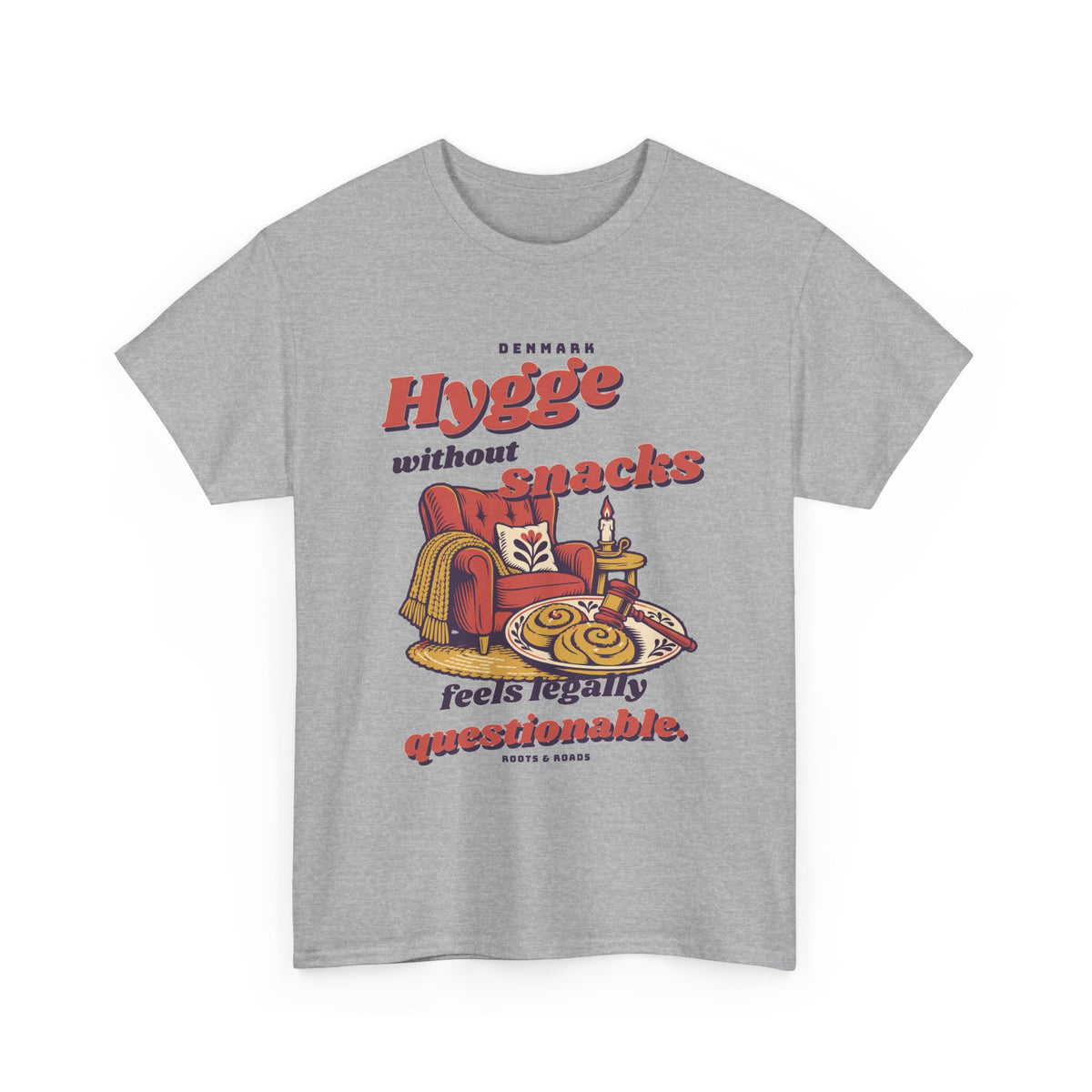 Denmark Hygge and Snacks T-Shirt in Sport Grey, with expressive vintage lettering, a cosy armchair, pastries and a playful gavel by Roots & Roads.